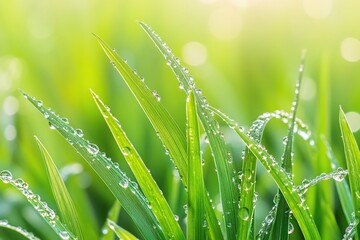 Aufkleber - Close-up of dew drops on vibrant green grass blades in sunlight.