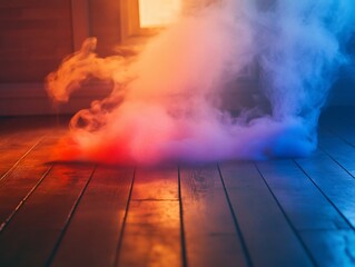 Poster - Colorful smoke billows across a dark wooden floor, illuminated by warm and cool light.
