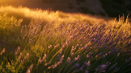 Aufkleber - Golden hour sunlight illuminates a field of lavender.