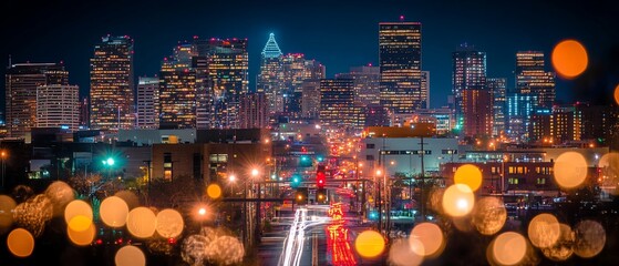 Aufkleber - Night cityscape with blurred lights and city skyline.