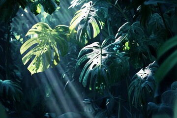 Aufkleber - Sunbeams illuminate lush, vibrant tropical foliage in a dense jungle setting.