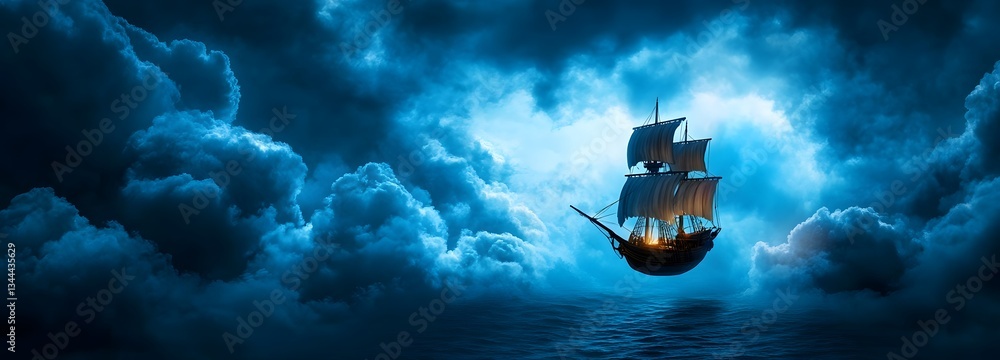 A floating pirate ship sailing through the skies, surrounded by storm ...