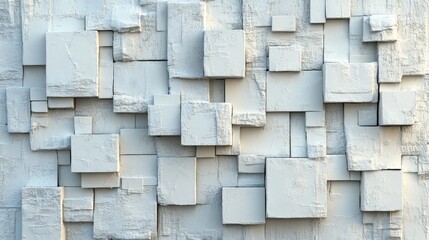 The arrangement of Futuristic Tiles creates a White wall, set against a 3D Background composed of Rectangular, polished blocks, in a 3D Render