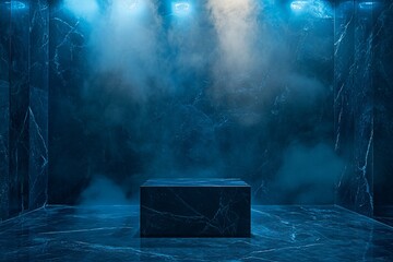 Aufkleber - Dark blue marble room with smoky atmosphere, spotlighting a central platform.