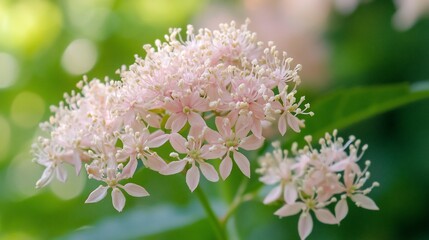 Aufkleber - Close-up of delicate pink flowers blooming on a green blurred background.