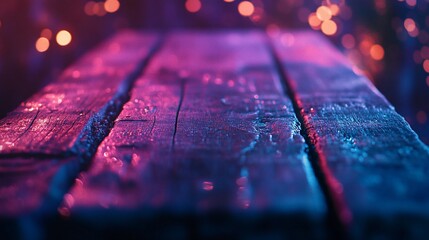 Aufkleber - Dark wooden planks illuminated by vibrant pink and blue neon lights; blurred bokeh background.