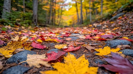 Aufkleber - Autumn leaves scattered on a forest path.
