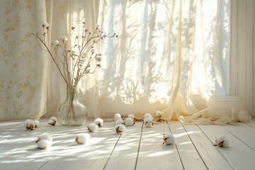 Poster - Sunlit room with cotton plants in glass vase, scattered cotton balls on white wooden floor.