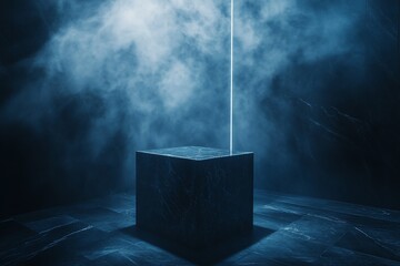 Aufkleber - Dark blue marble cube on floor with light beam and smoke.