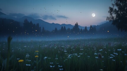 Poster - Magical night scene fireflies illuminate a misty meadow under a full moon, mountains in the background.