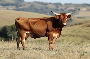 Aufkleber - Red cow standing in a dry field, hills in background.