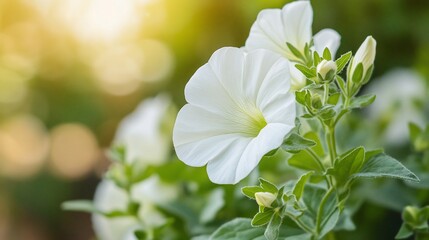 Aufkleber - Close-up of delicate white flowers in sunlight, green leaves, blurred background.