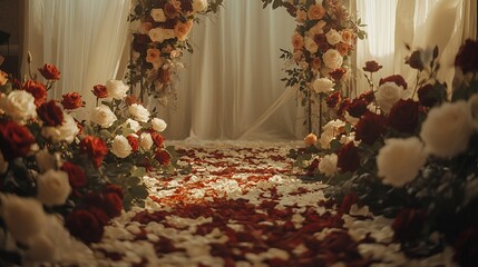 Aufkleber - Romantic wedding ceremony aisle decorated with red and white roses and petals.