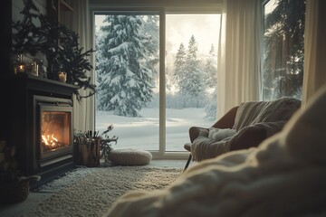 Aufkleber - Cozy winter cabin interior with fireplace, snow-covered forest view, and comfortable armchair.