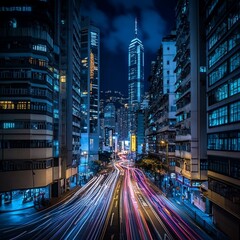 Poster - Night cityscape with light trails on a busy street between skyscrapers.