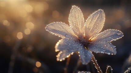 Fototapete - Close-up of a dew-covered flower at sunrise, backlit by golden light.