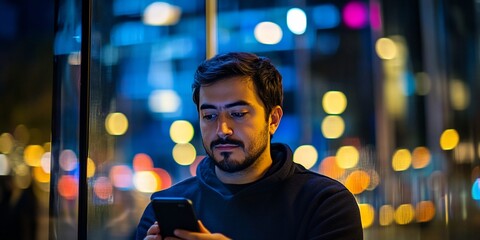 Man using smartphone at night in city.