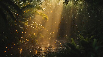 Aufkleber - Sunbeams illuminate a mystical jungle path with glowing fireflies.