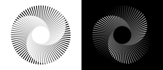 Fototapete - Spiral with lines in circle. Abstract geometric art line background, logo, icon, design element. A black figure on a white background and an equally white figure on the black side.
