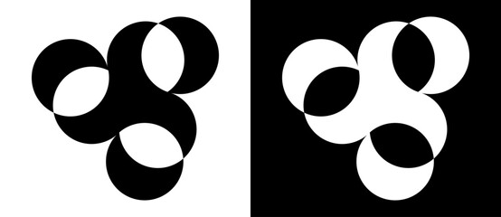 Poster - Spiral with 3 rounded shapes as logo, icon or design element. Black shape on a white background and the same white shape on the black side.