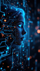 Wall Mural - Cybersecurity digital art with human face merging into circuits.