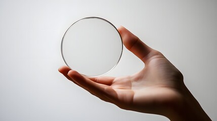 Hand holding a transparent glass circle against a white background