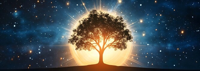 Wall Mural - a glowing tree of life standing in the center of a cosmic void