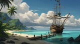 Tropical Island Haven: Pirate Ship at Anchor - A majestic pirate ship rests peacefully at anchor in a tropical paradise. The scene symbolizes adventure, escape, serenity, treasure, and history