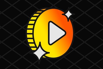 Wall Mural - Digital Coin Icon: A sleek and modern graphic of a gold coin featuring a play button, radiating an aura of virtual currency and digital media, perfect for technology and finance concepts.