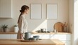 © Maryna - Woman in minimalist kitchen interior. Grey water jug on wooden table surface. View of stove with cooking pot, cutting board, utensils. Natural light illuminates space, creates cozy atmosphere. Modern