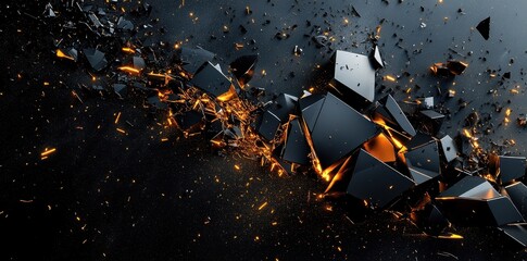 Wall Mural - abstract representation of broken black objects with golden glow