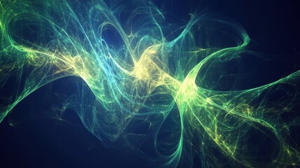 Fototapete - Abstract quantum computing visualization, glowing particles forming intricate wave patterns, deep blue and electric green color palette, futuristic energy flow