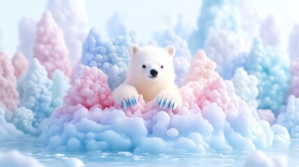 Cute polar bear cub nestled in a whimsical winter wonderland of pastel-colored trees and clouds