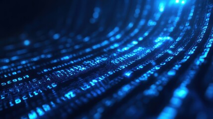 Fototapete - Futuristic digital data stream, glowing binary code flowing in a dark blue space, high-tech cyber background, neon light reflections, abstract technology concept
