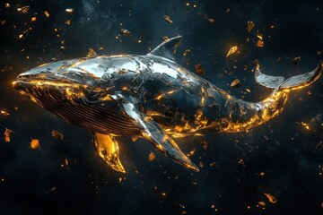 Wall Mural - a metallic whale swimming through dark space with gold illumination