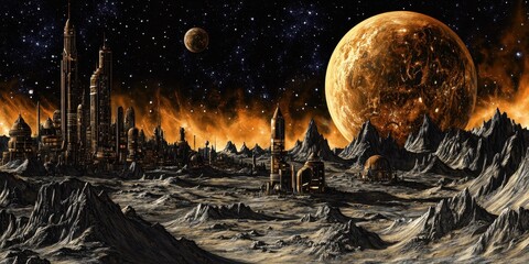 Wall Mural - futuristic city on a barren planet under a starry celestial sky