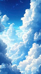Wall Mural - fluffy white clouds in bright blue sky create dreamy, peaceful atmosphere. sunlight illuminates clou