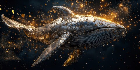 Canvas Print - The Whimsical Whale Surrounds Itself With Golden Sparkling Particles