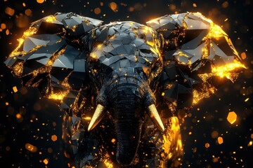 Wall Mural - a stylized faceted elephant with gold light elements