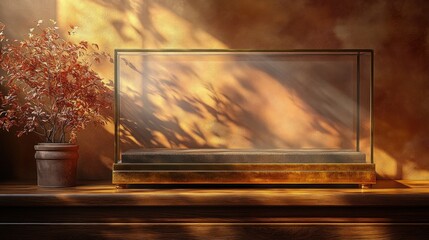 Empty glass display case with wooden base on a table, illuminated by sunlight.