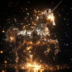Wall Mural - a golden unicorn made of fragmented mirrored geometric surfaces