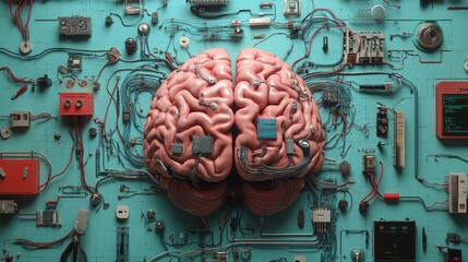 Human Brain Circuitry - A detailed 3D of a human brain intricately connected to an array of electronic components, illustrating the complex interplay between biology and technology