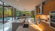 © Endin - Modern open-plan kitchen and living area with pool view, natural light, and wood cabinets.