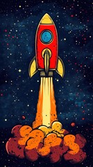 Wall Mural - a red rocket launching through the dark starry cosmos towards space