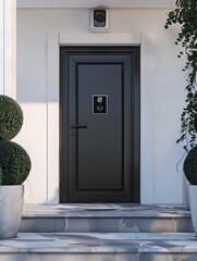 Fototapete - Modern front door with smart lock and video doorbell camera enhancing home security and convenience for stylish entryway Generative AI