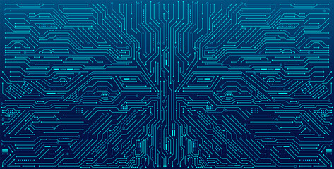 Abstract digital circuit board on a blue technological electrical background. Circuit with connected lines and dots on an abstract motherboard. Futuristic AI innovation concept.