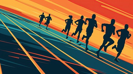Fototapete - Exciting runners competing on a vibrant track during a thrilling race event at sunset Generative AI
