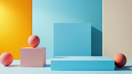 Wall Mural - geometric shapes and spheres are arranged on colorful backgrounds