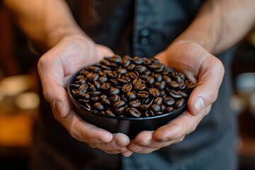 Fototapete - Delicious coffee beans held by a satisfied customer at a vibrant coffee shop Generative AI