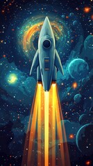 Wall Mural - a spaceship flies up high into a very dark beautiful universe